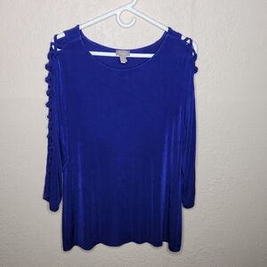 Chico's Travelers Blouse Women 2 Medium Purple Criss Cross Sleeve Boat Neck Top